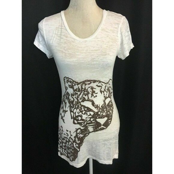 torn by ronny kobo Short Sleeve top T Shirt White Brown Leopard Print Small - Picture 1 of 8